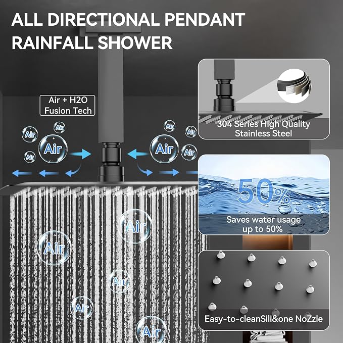 Shower System with Body Jets, Bostingner Four Modes Shower Faucet Sets with Handheld Spray 2 Ways, 4Pcs Shower Body Jets in Wall,10"+6" Rain Shower Head, Matte Black Shower Sets Complete