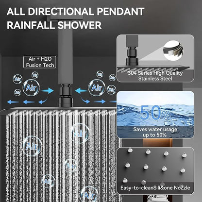 Shower System with Body Jets, Bostingner Four Modes Shower Faucet Sets with Handheld Spray 2 Ways, 4Pcs Shower Body Jets in Wall,10"+6" Rain Shower Head, Matte Black Shower Sets Complete