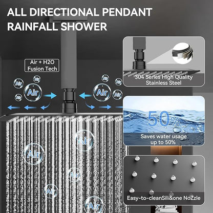 Shower System with Body Jets, Bostingner Four Modes Shower Faucet 12+6" Rain Shower Head with Handheld Spray 2 Ways, 4Pcs Shower Jets System in Wall Shower Faucet Sets Complete, Matte Black