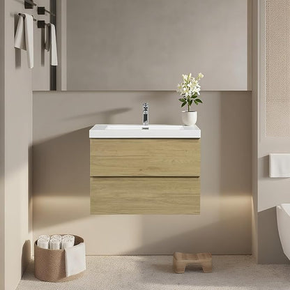 Floating Bathroom Vanity with Sink, 30" Wall-Mounted Bathroom Storage Vanity Cabinet with Resin Top Basin and Soft Close Drawers, No Assembly Required, Natural Oak