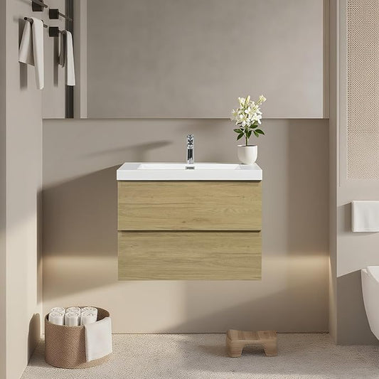 Floating Bathroom Vanity with Sink, 30" Wall-Mounted Bathroom Storage Vanity Cabinet with Resin Top Basin and Soft Close Drawers, No Assembly Required, Natural Oak