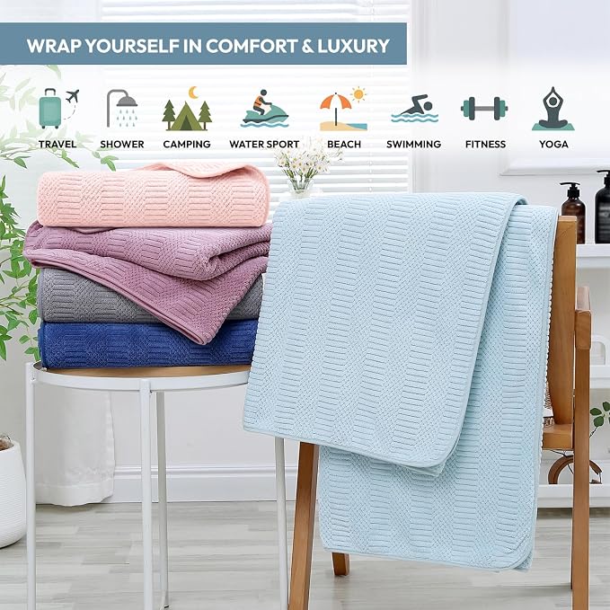 JML Microfiber Bath Towels, 2 Pack, 27x55 in, Light Blue | Soft, Super Absorbent, Quick Dry, Lint-Free, Lightweight Bathroom Towel with Hanging Loop for Daily Use