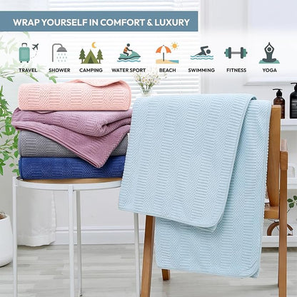 JML Microfiber Bath Towels, 2 Pack, 27x55 in, Light Blue | Soft, Super Absorbent, Quick Dry, Lint-Free, Lightweight Bathroom Towel with Hanging Loop for Daily Use