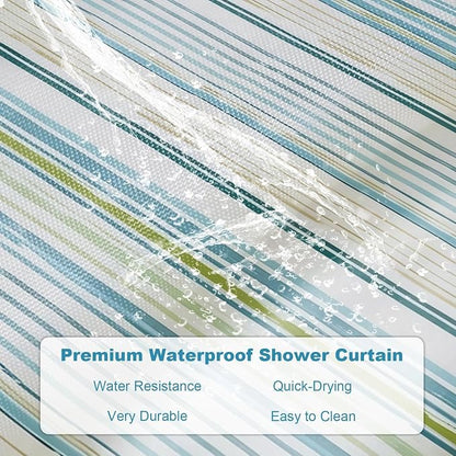 Neutral Minimalist Striped Shower Curtain, Ocean Modern Aesthetic Abstract Rustic Shower Curtains for Bathroom, Waterproof Bath Curtain with Hooks Machine Washable Bathtub Curtains 72x72 Inch Blue
