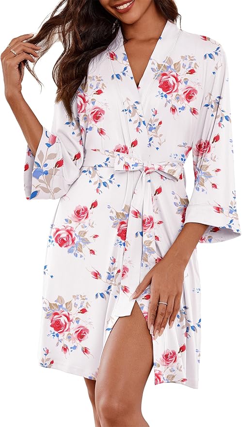 Ekouaer Women Kimono Robes Knee Length Knit Bathrobe Lightweight Soft Sleepwear V-neck Casual Ladies Loungewear