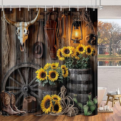 Farmhouse Western Shower Curtain, Rustic Country Cowboy Barn Door Bath Curtain Set, Brown Southwest Cowboys Boots Hat Bull Sunflowers Bathroom Decor Accessories with Hooks 60X70IN