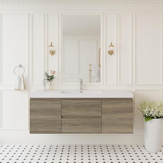 Floating Bathroom Vanity with Single Sink, 60" Wall-Mounted Bathroom Storage Vanity Cabinet with Resin Top Basin and Soft Close Drawers, No Assembly Required, Ash Grey