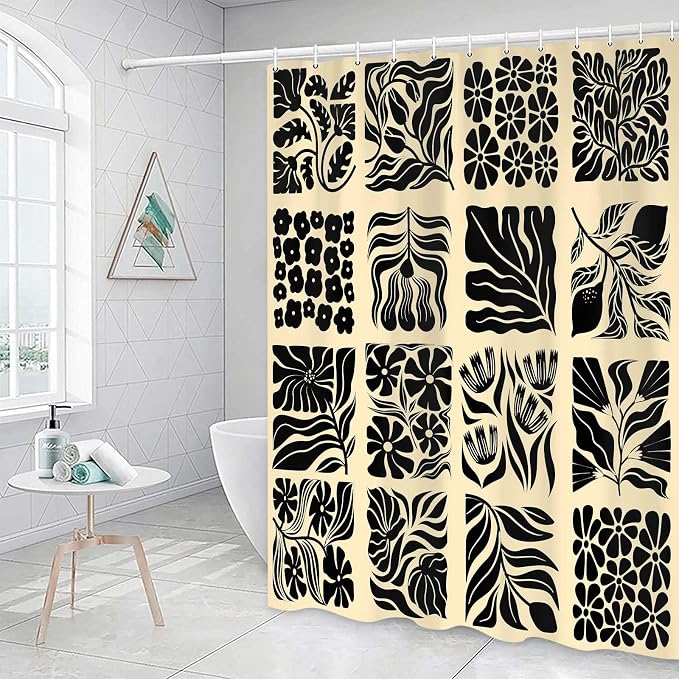 JAWO Retro Shower Curtain Vintage Abstract Boho Floral Shower Curtains for Bathroom Decor Pink Black Botanical Geometric Groovy Aesthetic Pattern Shower Curtain Sets with Hooks,90X70IN