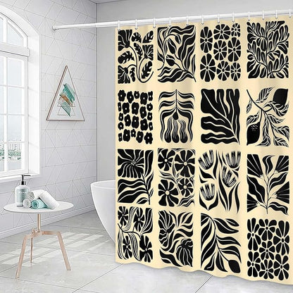 JAWO Retro Shower Curtain Vintage Abstract Boho Floral Shower Curtains for Bathroom Decor Pink Black Botanical Geometric Groovy Aesthetic Pattern Shower Curtain Sets with Hooks,90X70IN