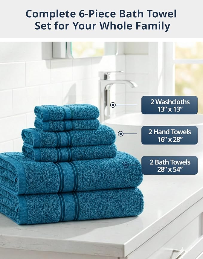 LANE LINEN Towel Set Quick Dry 100% Cotton 6 Piece Soft - Sea Port | Cotton Towels For Bathroom - Zero-Twist Durability, Zero-Twist Cotton, Terry Weave Comfort, Long-Lasting Comfort