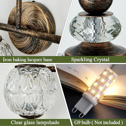 Vintage Bathroom Light Fixtures Bronze Vanity Light with Glass Globe LampShade 3 Lights Mid Century G9 Bulb Wall Sconce Indoor Vanity Light Over Mirror for Bedroom Farmhouse Hallway