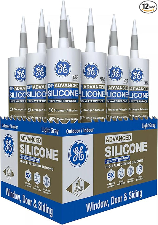 GE Advanced Silicone Caulk for Window & Door, Light Gray, 10.1 fl oz Cartridge, 12 Pack