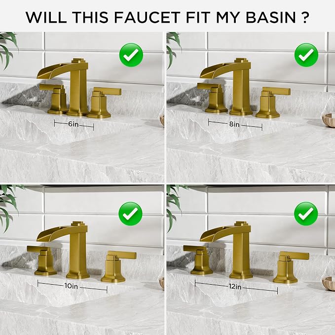 FORIOUS Brass Waterfall Brushed Gold Bathroom Faucets 3 Hole, Modern Widespread 8 Inch Bathroom Sink Faucet with Metal Pop-up Drain and Pre-Assembled Hose for Vanity, Restroom,Bathtub