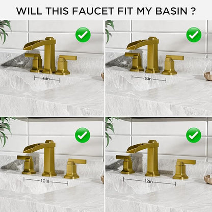 FORIOUS Brass Waterfall Brushed Gold Bathroom Faucets 3 Hole, Modern Widespread 8 Inch Bathroom Sink Faucet with Metal Pop-up Drain and Pre-Assembled Hose for Vanity, Restroom,Bathtub