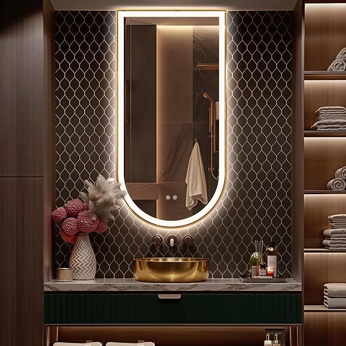 Arched LED Bathroom Mirror, 48"x24" Arch Backlit Vanity Mirror with Lights, Frontlit, Dimmable, 3 Colors, Memory Function, Anti-Fog Smart Mirror, Gold Frame, Shatterproof, Vertical-Inverted