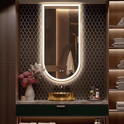 Arched LED Bathroom Mirror, 48"x24" Arch Backlit Vanity Mirror with Lights, Frontlit, Dimmable, 3 Colors, Memory Function, Anti-Fog Smart Mirror, Gold Frame, Shatterproof, Vertical-Inverted
