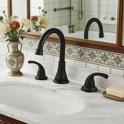 Bathroom Faucet 3 Holes, 8 Inch Widespread Faucet 2 Handle Bathroom Sink Faucets Lead-Free Matte Black Bath Sinks Faucets with Pop-up Drain Stopper and Supply Hoses