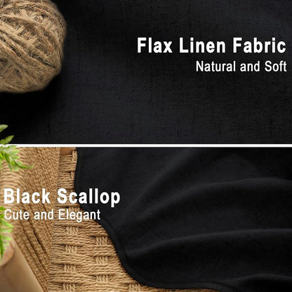 Scalloped Shower Curtain Linen Boho Flax Black 72" W x 72" L | Linen Fabric, Black Border, Washable, Heavy Duty Cloth, Shower Curtain for Boho Farmhouse Bathroom Bathtub