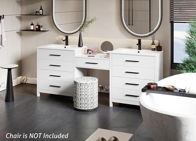 eclife 84" Bathroom Vanity Sink Combo, Modern Painted Vanities Storage Cabinet with 24" Mid Makeup Vanity Desk, 30" Dual White Basins, Faucets & Drains, White