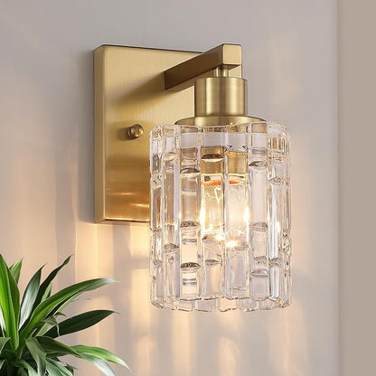 1 Light Brushed Gold Bathroom Vanity Light Over Mirror, Modern Vanity Lighting with Crystal Glass Shade, Wall Mount Bathroom Light Fixtures, E26 Base