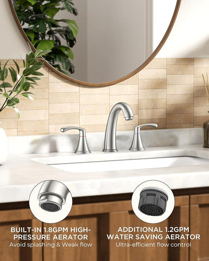 FORIOUS Bathroom Sink Faucet 3 Hole Widespread 8 Inch Brushed Nickel | 3-hole 6-12 Inch Widespread Sink Faucets with Drain and Water Supply Lines, for Vanity Rv Commercial Lavatory Restroom Basin