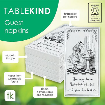 60 x Alice in Wonderland Paper Guest Towels, Disposable Guest Towels for Bathroom, Restroom, Birthday Tea Parties, Decorative Paper Hand Towel for Weddings, British Brand, 8 Fold, 4 x 7.75 in Folded
