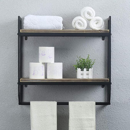 Towel Rack with Towel Bar,2-Tier 24" Bathroom Shelves Wall Mounted,Rustic Wall Shelf Over Toilet,Utility Storage Shelf Rack,Floating Shelves Towel Holder,Black