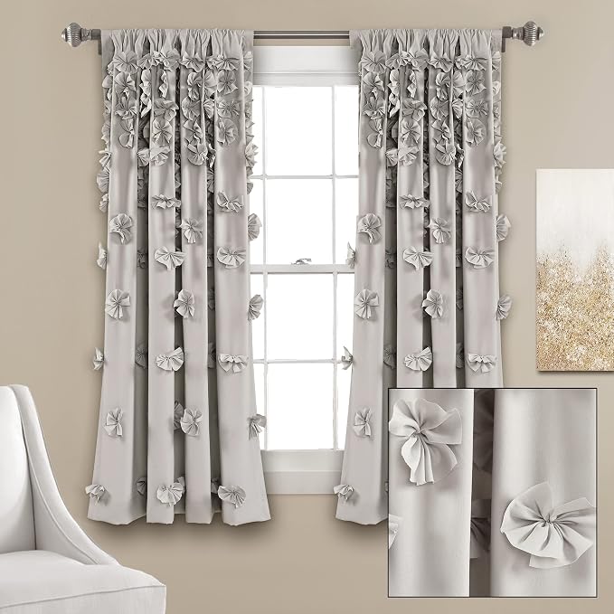 Lush Decor Riley Light Filtering Window Curtain Panel, Single 54" W x 63" L, Light Gray - Cute Gray Curtains for Bedroom - Bow Decor - Coquette Curtains for Windows
