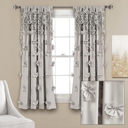 Lush Decor Riley Light Filtering Window Curtain Panel, Single 54" W x 63" L, Light Gray - Cute Gray Curtains for Bedroom - Bow Decor - Coquette Curtains for Windows