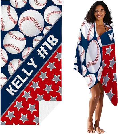 Personalized Beach Towel With Name, Custom Beach Towel with Name, Customized Baseball Microfiber Pool Towel, Quick Dry & Absorbent Swim Towel for Adult,Anniversary, Birthday, Summer Holiday,vacation