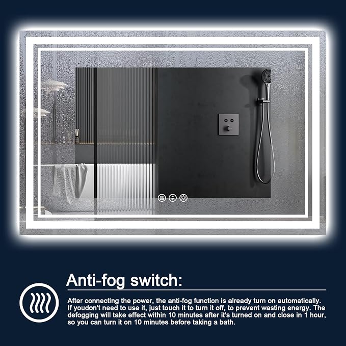 60x40 Inch LED Bathroom Mirror with Lights | Front and Backlit, 3 Colors, Dimmable, Memory, Anti Fog, Shatterproof, Horizontal/Vertical, Lighted Mirrors for Bathroom Wall