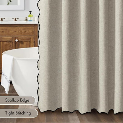 MIULEE Linen Scalloped Linen Shower Curtain 72x72 Inches | Linen Textured, Waterproof, Washable, 12 Metal Hooks, Heavy Duty Cloth, Black Border, Shower Curtain for Bathroom Bathtub