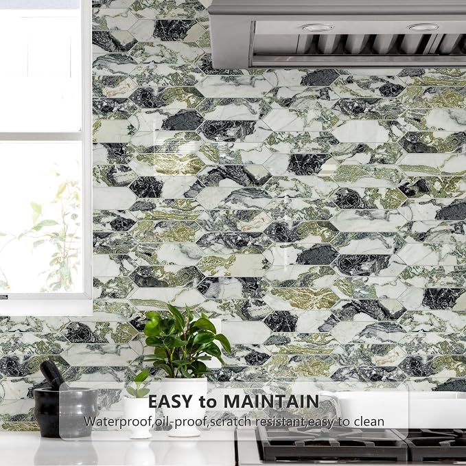 Vamos Tile Glossy Ice Green Backsplash Tile Peel and Stick, 12.8 x 12.8 Inch 10 Sheets Long Hexagon PVC Self Adhesive Mosaic Wall Tiles Stick on Backsplash for Kitchen Bathroom and Fireplace