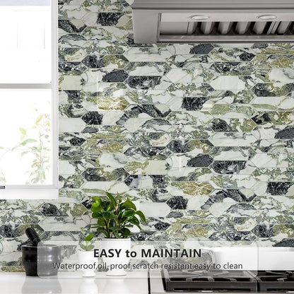 Vamos Tile Glossy Ice Green Backsplash Tile Peel and Stick, 12.8 x 12.8 Inch 10 Sheets Long Hexagon PVC Self Adhesive Mosaic Wall Tiles Stick on Backsplash for Kitchen Bathroom and Fireplace
