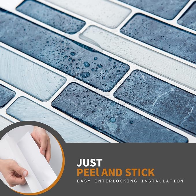 WOWSTAR 10-Sheet Peel and Stick Backsplash Tile for Kitchen Wall, Back Splash Stick On Tiles for Kitchen (12"x12", Dark Blue) | Peel and stick backsplash, self-adhesive wall tile, Dark Blue, waterproof, kitchen bathroom wall, 10-sheet