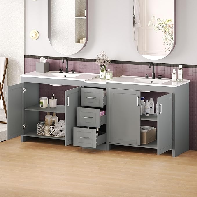 Merax 84 Inch Double Sink Bathroom Vanity with Quartz Countertop & Ceramic Basins, Bathroom Sink Vanity with Large Storage, Adjustable Shelves, 3 Drawers, Soft Close Hinges, Silver Handles, Grey