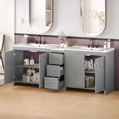 Merax 84 Inch Double Sink Bathroom Vanity with Quartz Countertop & Ceramic Basins, Bathroom Sink Vanity with Large Storage, Adjustable Shelves, 3 Drawers, Soft Close Hinges, Silver Handles, Grey
