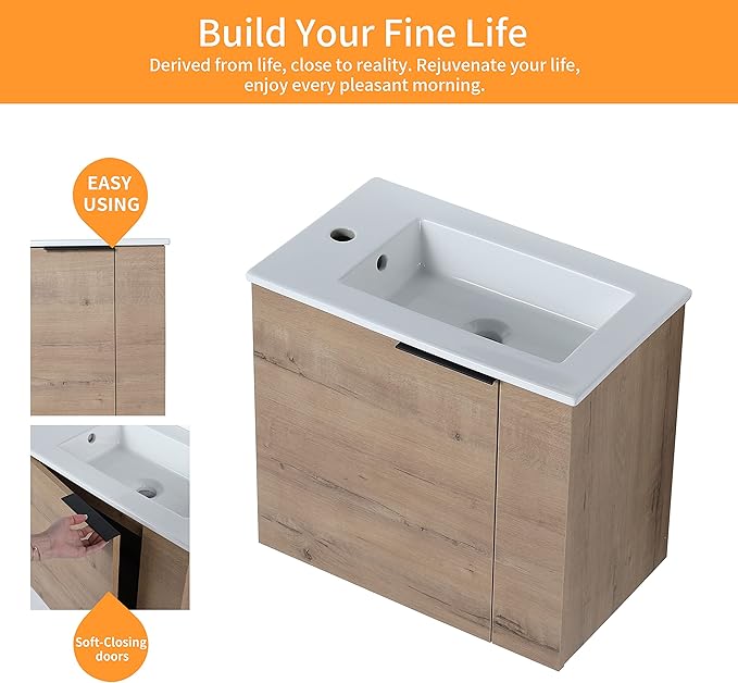 22" Bathroom Vanity with Sink, Floating Wall-Mounted Modern Vanity Cabinet for Small Space, 1 Door Brown Bathroom Sink Combo, Space Saving Vanity, Small Bathroom Vanities