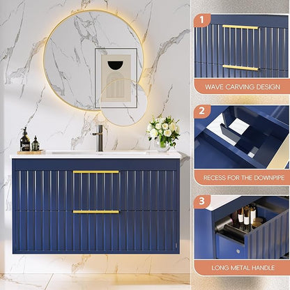 30" Bathroom Vanity with Sink, Floating Vanity Bathroom Sink Cabinet Wall Mount, Soft-Close Function 2 Large Drawers, Grooved Stripe Design, Hidden Damping Drawers, Blue