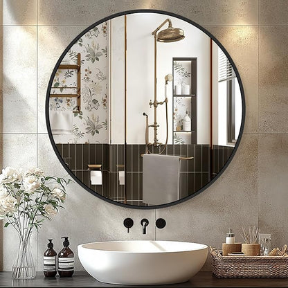 22 Inch Black Round Circle Mirror for Bathroom Wall, Metal Frame | HD tempered glass for clear, distortion-free reflection. Mounting hardware included for vertical or horizontal wall mount.