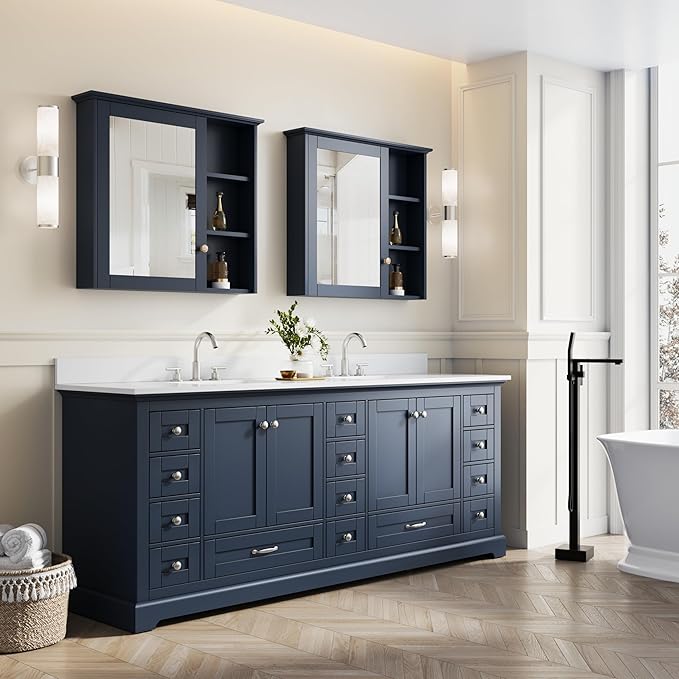 WELLFOR 84 Inch Bathroom Vanity with Double Sinks, Bathroom Freestanding Vanity W/4 Soft-Close Doors and 14 Drawers, Large Storage Space Vanity, Cultured Marble Countertop Vanities (Navy Blue)