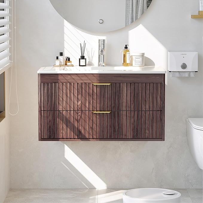 30 Inch Floating Bathroom Vanity with Sink, Bathroom Wall Cabinet with 2 Fluted Drawers & Metal Handle, Wall Mounted Cabinet for Bathrooms (Brown, 30 inch, with Sink)