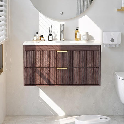 30 Inch Floating Bathroom Vanity with Sink, Bathroom Wall Cabinet with 2 Fluted Drawers & Metal Handle, Wall Mounted Cabinet for Bathrooms (Brown, 30 inch, with Sink)