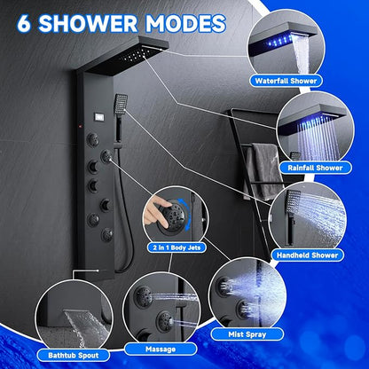 MEANTT LED Lights Shower Panel Tower - Waterfall Rainfall Shower Panel Tower System with 4 Body Jets - 5-in-1 Multifunction Shower Column - Matte Black Stainless Steel Shower Tower with Handheld