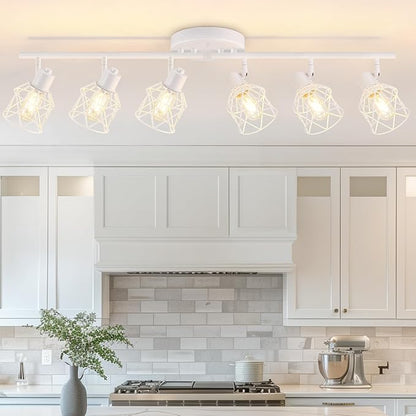Baocuz 6-Lights White Semi Flush Mount Ceiling Light with Geometric Metal Cage, Modern Kitchen Track Lighting Fixtures Ceiling, Rotatable Close to Ceiling lamp for Entryway, Living Room, Hallway