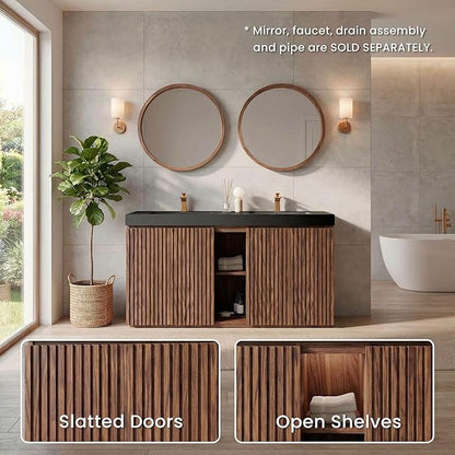 60" Double Bathroom Vanity with Sink Combo, Mid Century Modern Bathroom Cabinet with Doors & Shelves, Matte Black Integrated Sink with Overflow, Walnut