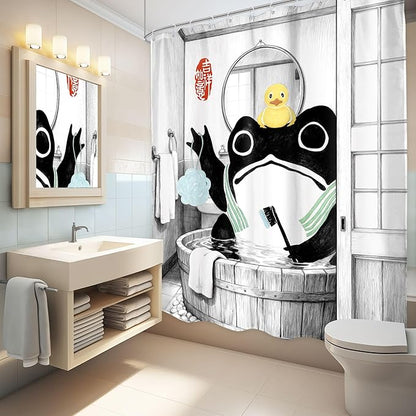 LGhtyro Funny Frog Shower Curtain Bathroom Set 60Wx71H Inches Traditional Asian Style Japanese Art Rubber Duck Wooden Cute Animal Bath Accessories Retro Black Art Home Decor Fabric 12 Pack Hooks