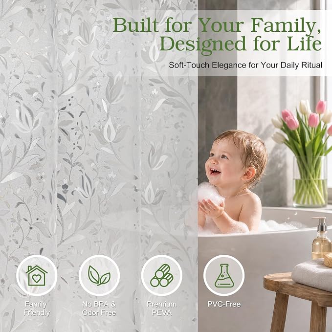 EurCross Frosted Clear Botanical Shower Curtain 72 x 76 inch Long with 3 Heavy Duty Magnets, PVC-Free Excellent Hand Feel PEVA Floral and Foliage Pattern Design Shower Curtain Liner