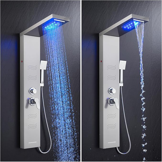 Shower Panel Tower System with LED Lights, Stainless Steel 5 in 1 Shower Panel with Rainfall Waterfall Shower Head, Body Spray, Handheld Shower, Tub Spout (Brushed)