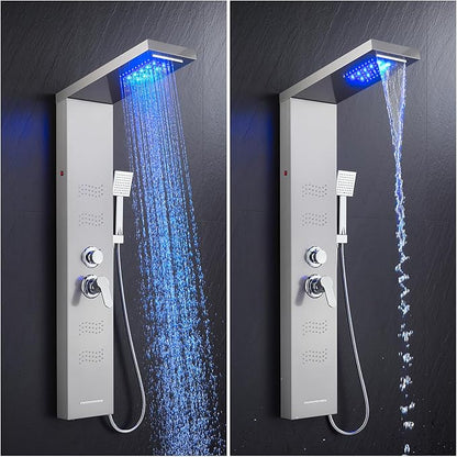 Shower Panel Tower System with LED Lights, Stainless Steel 5 in 1 Shower Panel with Rainfall Waterfall Shower Head, Body Spray, Handheld Shower, Tub Spout (Brushed)